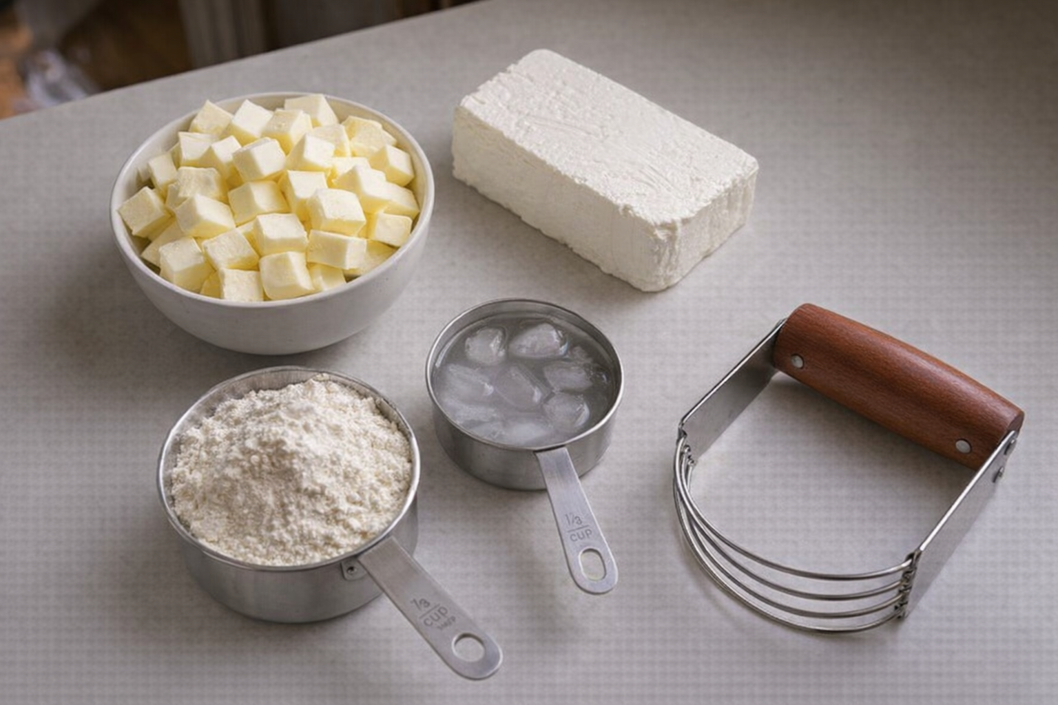 A top-down shot of cubed cold butter, a block of cream cheese, measuring cups with flour and ice water, and a pastry blender on a clean countertop